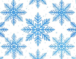 Watercolor-style blue snowflakes on white background;  subtle sparkle effect