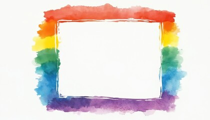 Colorful watercolor rainbow border frames blank canvas space. Vibrant textured rectangle invites creative expression on white paper, suitable for posters, cards, presentations. Retro grunge brush art.