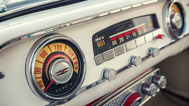 Fototapeta Closeup of a vintage car dashboard with a classic speedometer and radio