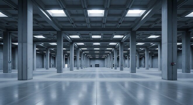 A vast, empty warehouse interior showcases strong, substantial concrete pillars and a smooth, polished concrete floor.