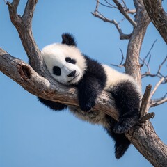 Obraz premium Adorable panda cub resting on tree branch under blue sky