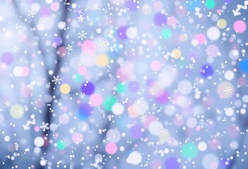 Vibrant rainbow snowflakes falling on a wintery background, whimsical colorful snowfall,  crystal,  shimmer