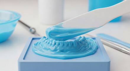 A dental technician carefully applies blue molding material to create a precise impression of teeth for dental prosthetics.