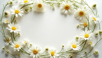 Fototapeta premium Minimalist flat lay features circular arrangement of daisies, greenery against neutral backdrop. Simple, handmade floral design evokes softness, elegance, perfect for wedding decor as natural