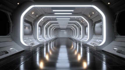 Fototapeta premium Futuristic Sci-Fi Corridor with Bright LED Lighting and Sleek Metallic Floor in a Space Station Environment