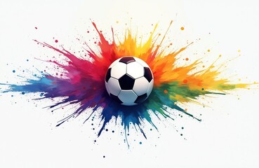 Soccer ball central to a vibrant rainbow paint splash explosion. Dynamic sports graphic illustration with abstract colorful texture. Represents energy, action, and excitement in a game.