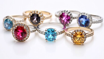 Seven gemstone rings with round-cut stones in assorted colors—green, purple, yellow, orange, blue, pink, and red—arranged on a white surface for elegant jewelry display.