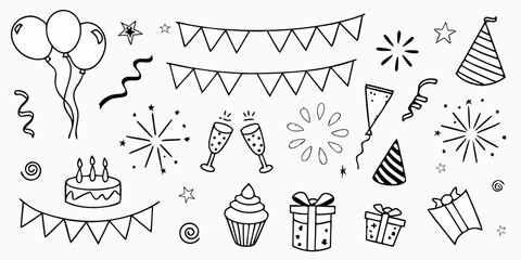 Birthday celebration doodle icons with party elements on white background vector