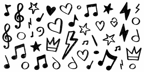 Assortment of Hand Drawn Music Notes Hearts Stars and Lightning Bolts treble clef
