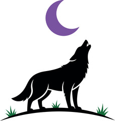 Silhouette wolf howling at purple moon on grassy hill vector