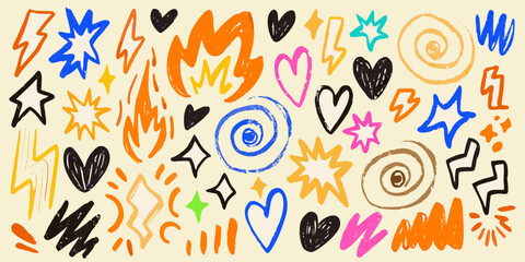 Assortment of vibrant hand-drawn doodle icons and symbols on a pale background abstract