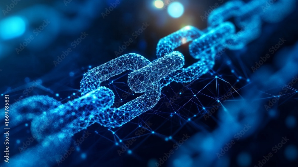 Poster exploring the intersection of technology and security through a digital chain representation