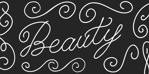 Elegant White Calligraphy Word Beauty with Swirling Decorative Flourishes on Black