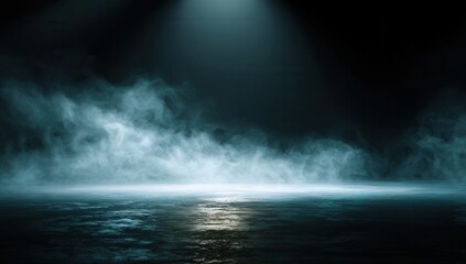 Mysterious blue spotlight illuminates swirling fog over dark rippling water creating an atmospheric and dramatic scene