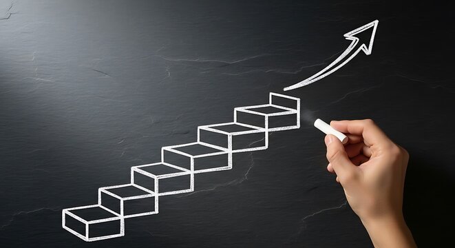 A hand draws an upward-trending stairway on a dark chalkboard, symbolizing progress and growth.