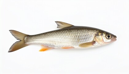 Single freshwater fish with silvery scales, forked tail, and pointed head, isolated on white background