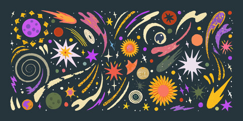 Whimsical Cosmic Elements Collection with Planets Stars and Comets space galaxy