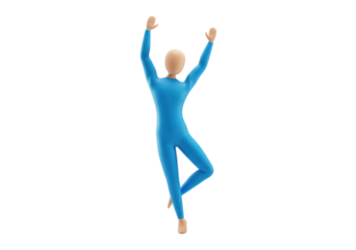 Isolated pose of flexible figure in blue full body suit with arms raised, one leg lifted