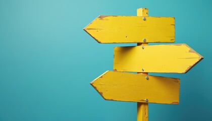 Yellow wooden signpost with three blank arrow signs pointing in different directions against solid blue background. Illustration represents choices, travel, decision-making opportunities. Use for