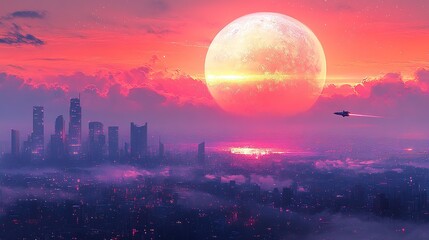 Gigantic Moon over Futuristic Cityscape at Dusk with Hovering Vehicle 