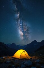 Yellow tent glows under starry night sky with visible Milky Way galaxy. Mountains and forest surround campsite. Camping adventure in deep space cosmos. Peaceful outdoor exploration.