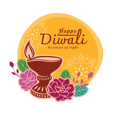 Happy diwali, Festival of light - Text on yellow circle with diya and flowers around vector design