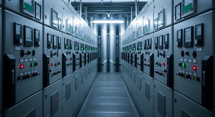 A long corridor lined with industrial gray electrical control panels, showcasing numerous controls and indicators.