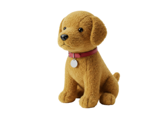 Isolated stuffed plush dog puppy with red collar and tag ready for sale, adoption, or as gift