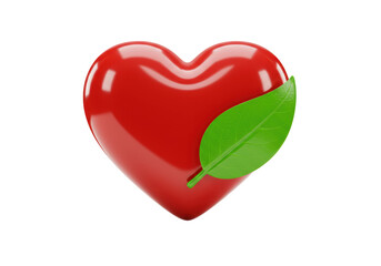 Isolated heart with green leaf represents health, wellness, fresh start, environmental concepts