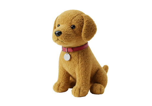 Isolated stuffed plush dog puppy with red collar and tag ready for sale, adoption, or as gift
