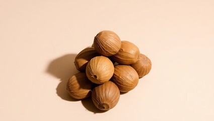 A pile of round brown objects with textured surfaces stacked on a light beige background in soft lighting
