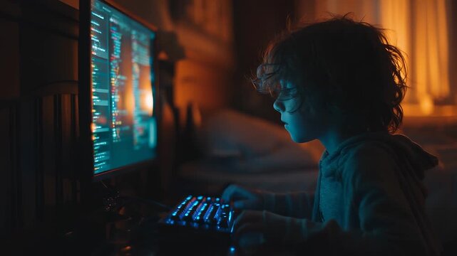 Child coding on computer screen in bedroom at night, focused on monitor and keyboard illuminated by monitor glow, typing code with hoodie concentration curiosity, screen reflection on face and hand.
