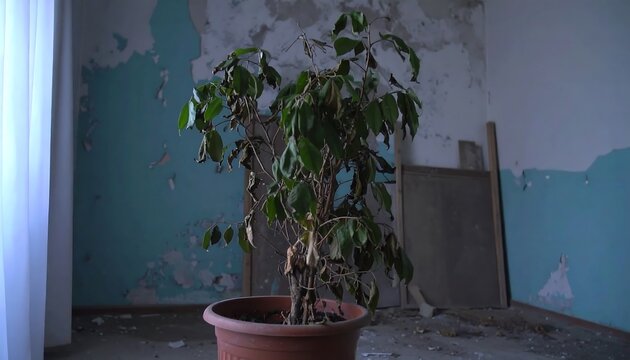 Wilting plant in a terracotta pot sits in a dilapidated room with peeling paint