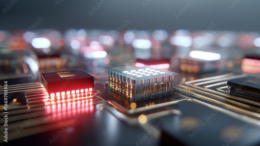 Poster circuitry shows lights on a chip, highlighting the complexity and innovation of technology.