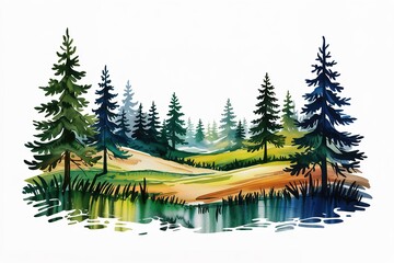 Obraz premium Watercolor Landscape Painting Majestic Evergreens and Serene River Scene