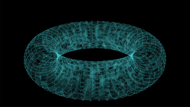 Sci-fi blue torus with particles and lines. Concept network connection. Vector frame torus. Abstract technology background.