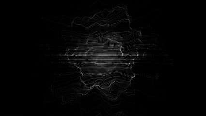 Vector digital technology wave. Dark cyberspace with black motion dots. Explosion of a wave of particles in a flow. Futuristic digital background. Big data analytics.