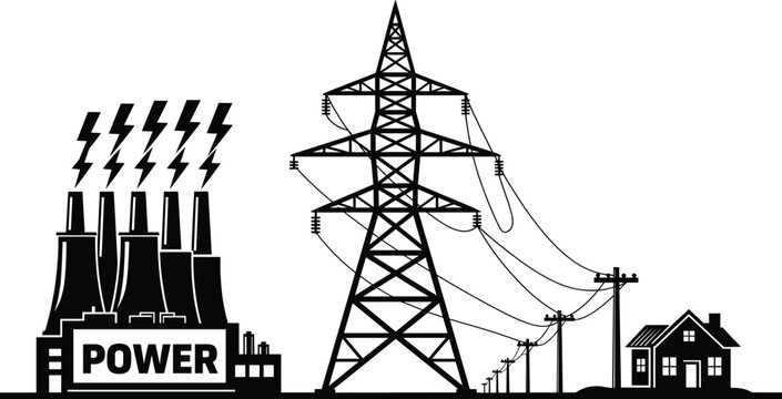 Power plant, electricity generation, high voltage tower, energy distribution, electric wires, transmission lines, utility poles, electric grid system, home electricity