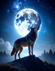 Wolf Howling at Night Moon, Mountaintop