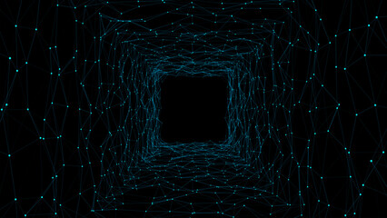 Abstract sci-fi blue tunnel. Wormhole absorbs cyberspace. 3D portal. Vector futuristic fantasy high-tech funnel.