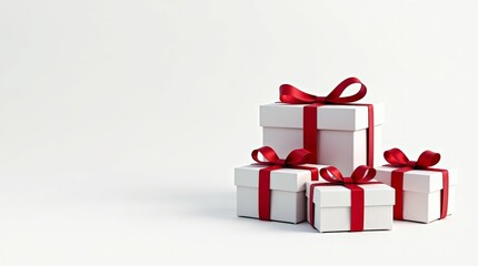Fototapeta premium White gift boxes with red satin ribbons on clean white background, for christmas, wedding, Valentine’s Day, birthdays themes, or celebration concepts