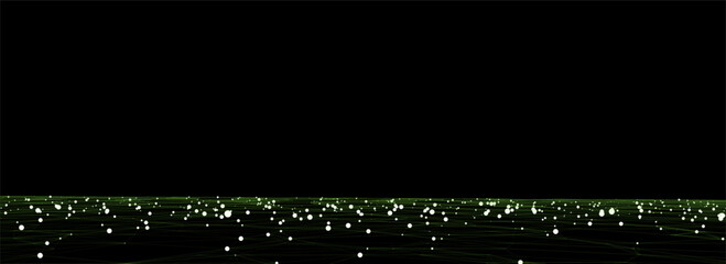 Technology vector perspective grid background. Digital space wireframe landscape. Dark cyberspace with green motion dots and lines. Futuristic digital mesh background. Big data analytics.