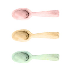 Disposable plastic spoon in pastel colors, single-use or reusable cutlery. Isolated illustration hand drawn in watercolor. Takeaway or delivery design, frozen snack planner, digital dessert menu.