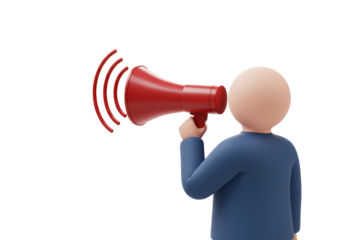 Isolated man with a red megaphone giving shout out for attention to new ideas concept