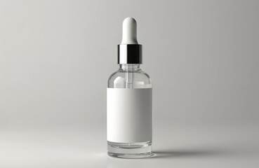 Naklejka premium Clear glass dropper bottle with blank white label, silver cap. Ideal for serum, oil, cosmetic, medicine packaging. Minimalist container mockup perfect for product presentation, branding, marketing