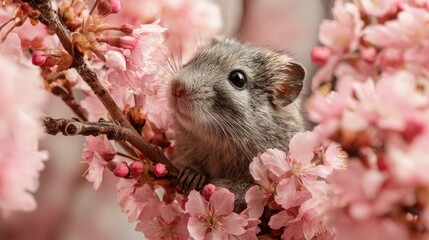 Small gray rodent in pink blossoms