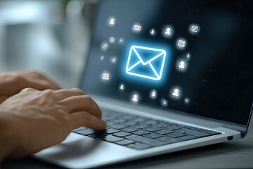 Hands typing on laptop, email icon overlay
