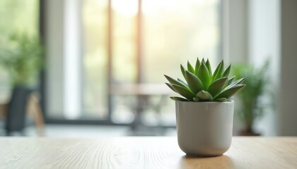 Fototapeta premium Green succulent plant in light grey pot on wooden desk. Minimalist office interior with soft sunlight streaming through window. Fostering serene, sophisticated workspace ambiance with natural