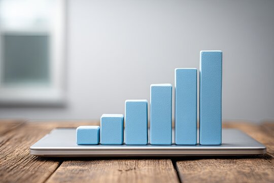 Light blue bar graph ascending on tablet