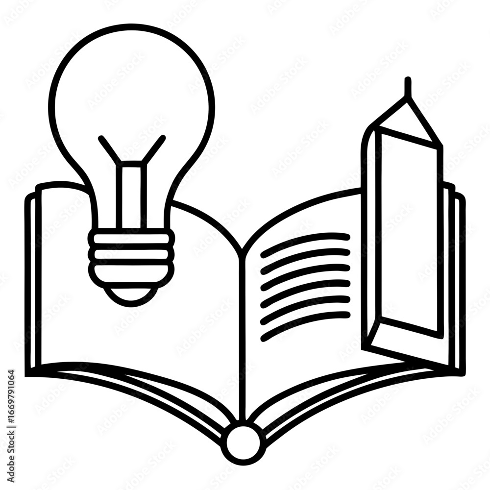 Poster a creative concept with a glowing light bulb resting on an open book, symbolizing new ideas and know